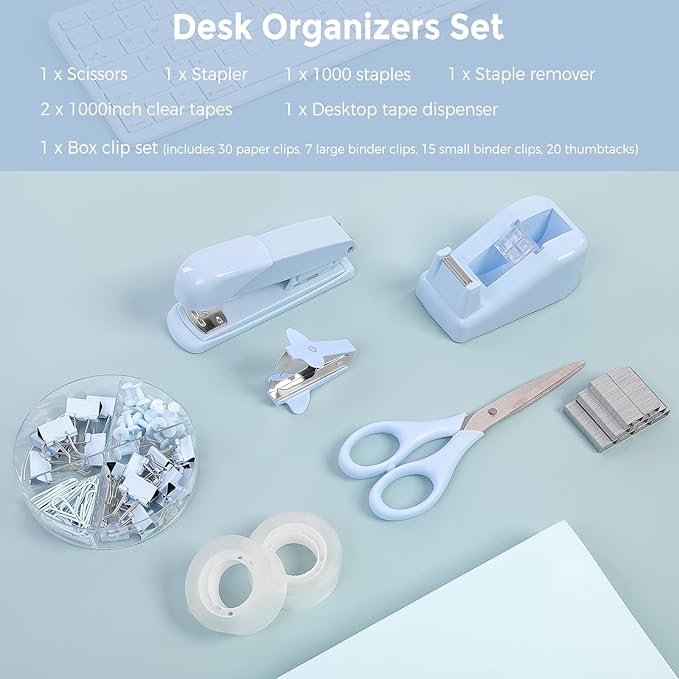 SKYDUE Blue Office Desk Accessories, Blue Office Supplies, Stapler, Tape Dispenser, Scissors, Clips and 1000pcs Staples,Desk Supplies for Women