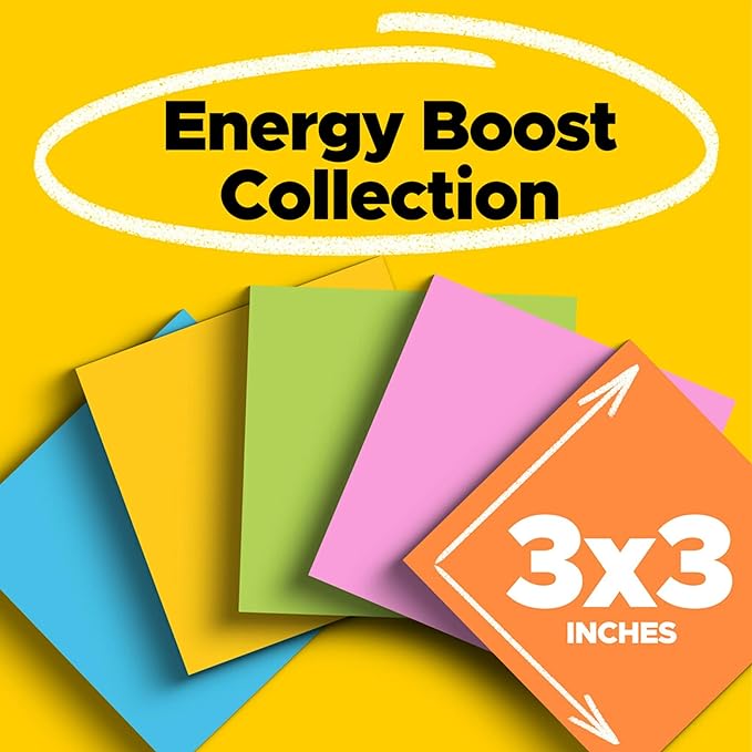 Post-it Super Sticky Notes, 3x3 in, 6 Pads, 2X The Sticking Power, Energy Boost Collection, Bright Colors (Orange, Pink, Blue, Green),Recyclable (654-6SSAU)