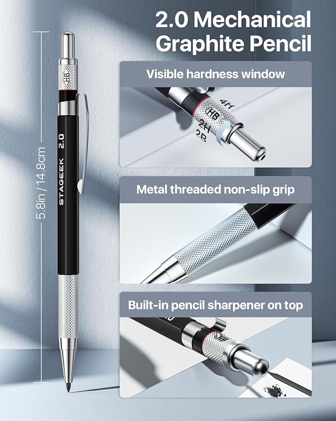 34PCS Art Mechanical Pencil Set, Drafting Pencil 0.5, 0.7, 0.9MM & 3PCS 2.0MM Mechanical Drawing Pencils with 384PCS Leads (6B 4B 2B HB 2H 4H Color) for Artist Sketching Drawing