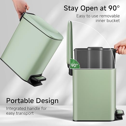 TIPGO Slim Bathroom Trash Can with Lid Soft Close, 6 Liter / 1.6 Gallon Stainless Steel Garbage Can with Removable Inner Bucket, Step Pedal, Small Trash Cans for Bedroom, Office, Kitchen (Green)