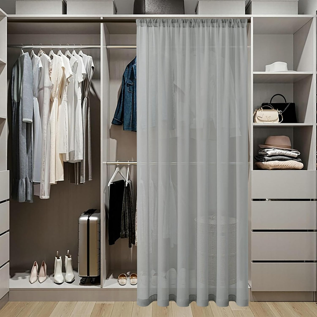 Tollpiz Short Sheer Door Curtain Closet Linen Textured Curtain Sheers Doorway Light Filtering Voile Patio Glass Door Rod Pocket Curtains French Door, 54 x 54 inches Long, Silver Grey, Set of 1 Panel