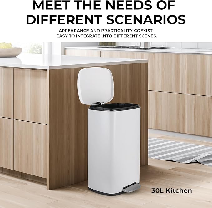 8 Gal Kitchen Trash Can, 30L Recycling or Garbage Bin, Brushed Stainless Steel Waste Basket, Soft&Quiet Close Dustbin, with Step-On Pedal, Removable Inner Bucket, for Home, Office, LIving Room
