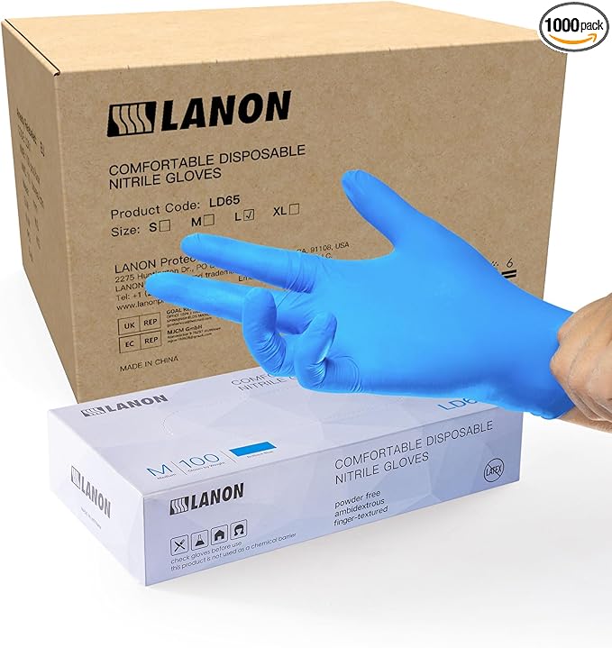 LANON Protection Blue Disposable Nitrile Gloves, Silicone-Free, Food-Safe, Chemical Resistant, Powder-Free, Textured Fingertips, Cooking, Cleaning, Case, Large