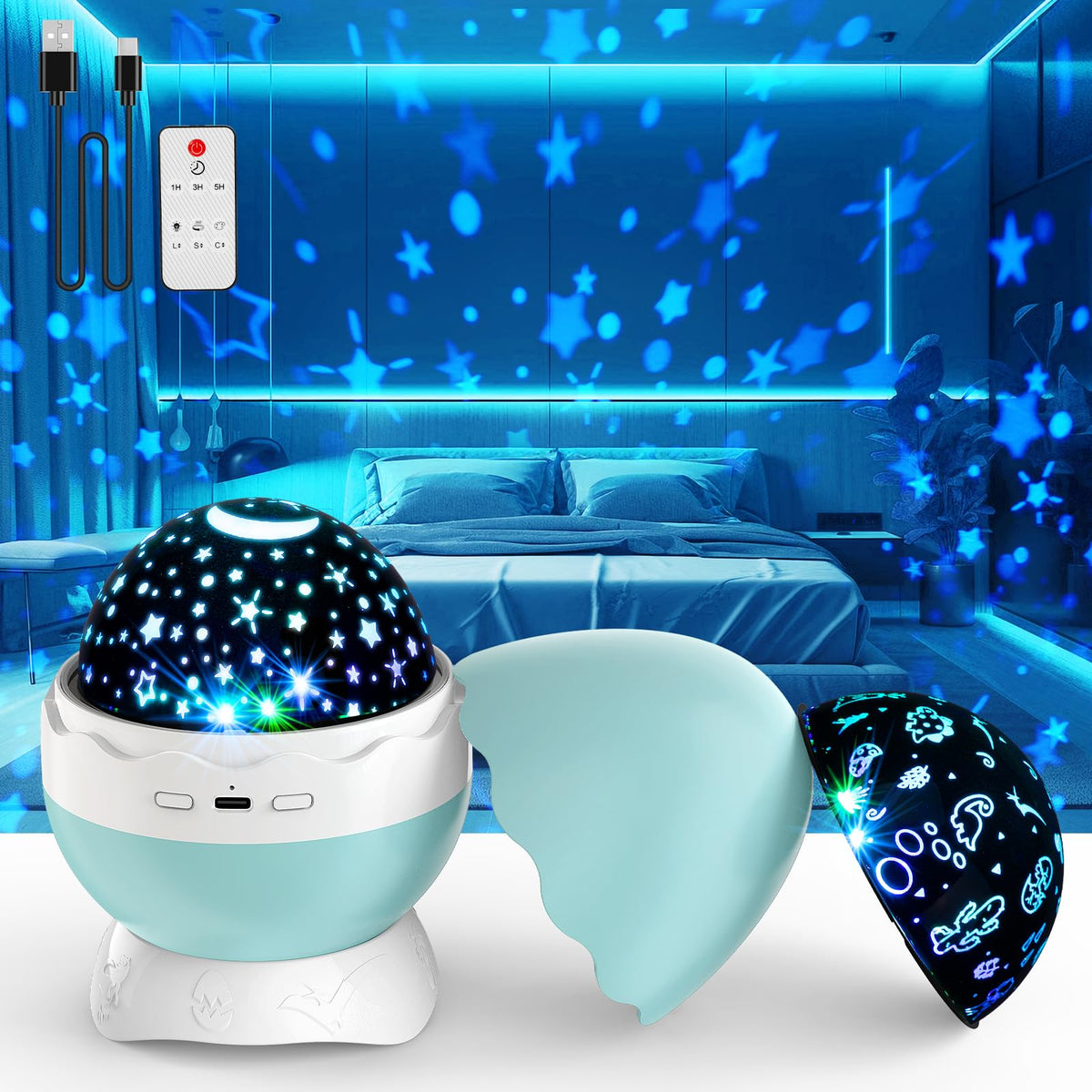 artidoo Night Light for Kids - Star Projector for Bedroom with 2 Theme(Dinosaur & Starry Sky - Night Lamp,4 LED Bulbs 9 Light Color Changing with USB Cable - Dinosaur Egg Design,Unique Gift- Blue.