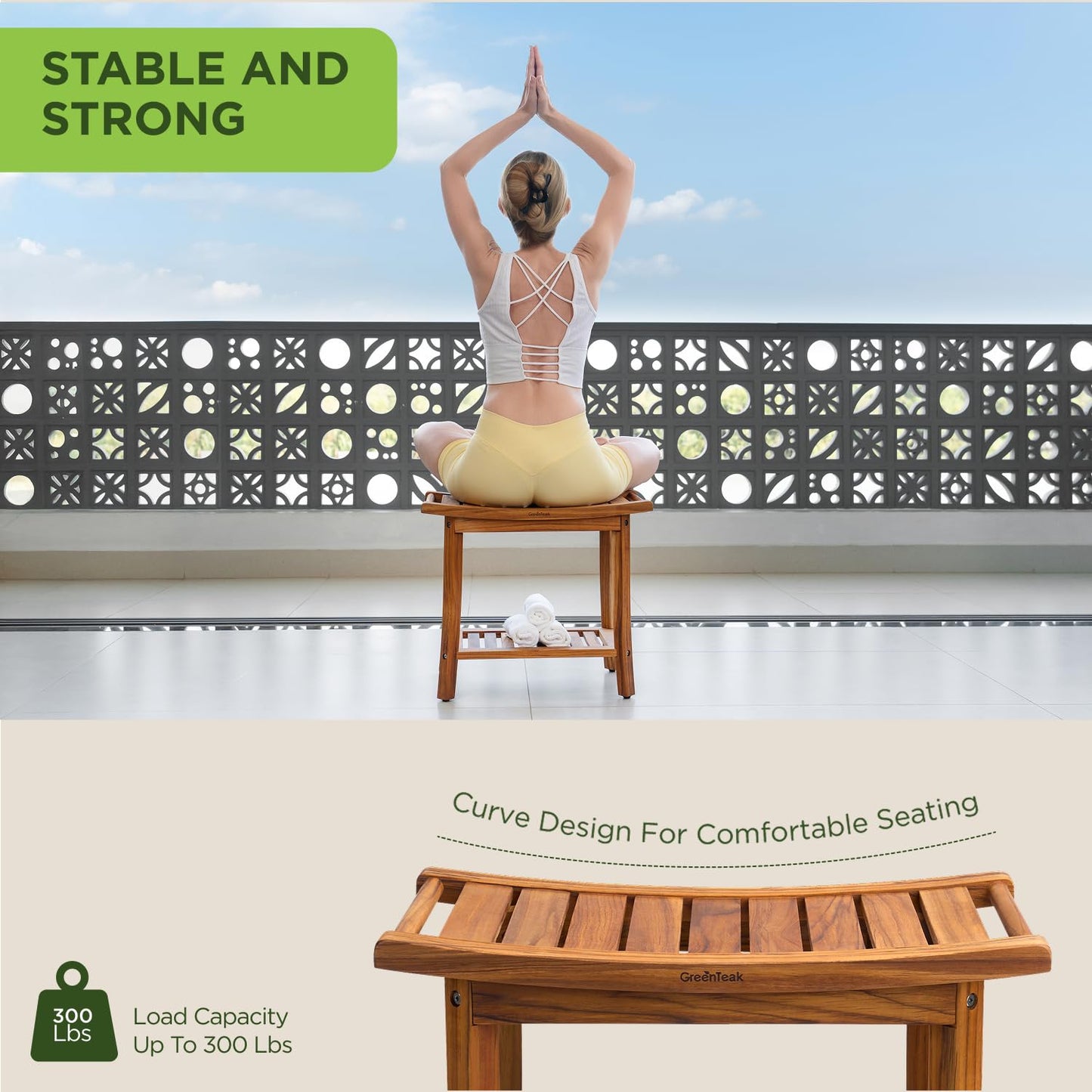 GREENTEAK Premium 22" Teak Wood Shower Bench with Shelf, 2-Tier Waterproof Teak Shower Stool, Non-Slip Feet for Enhanced Safety, Spa Bath Seat for Bathroom, Indoor & Outdoor Use, 300 lb Capacity