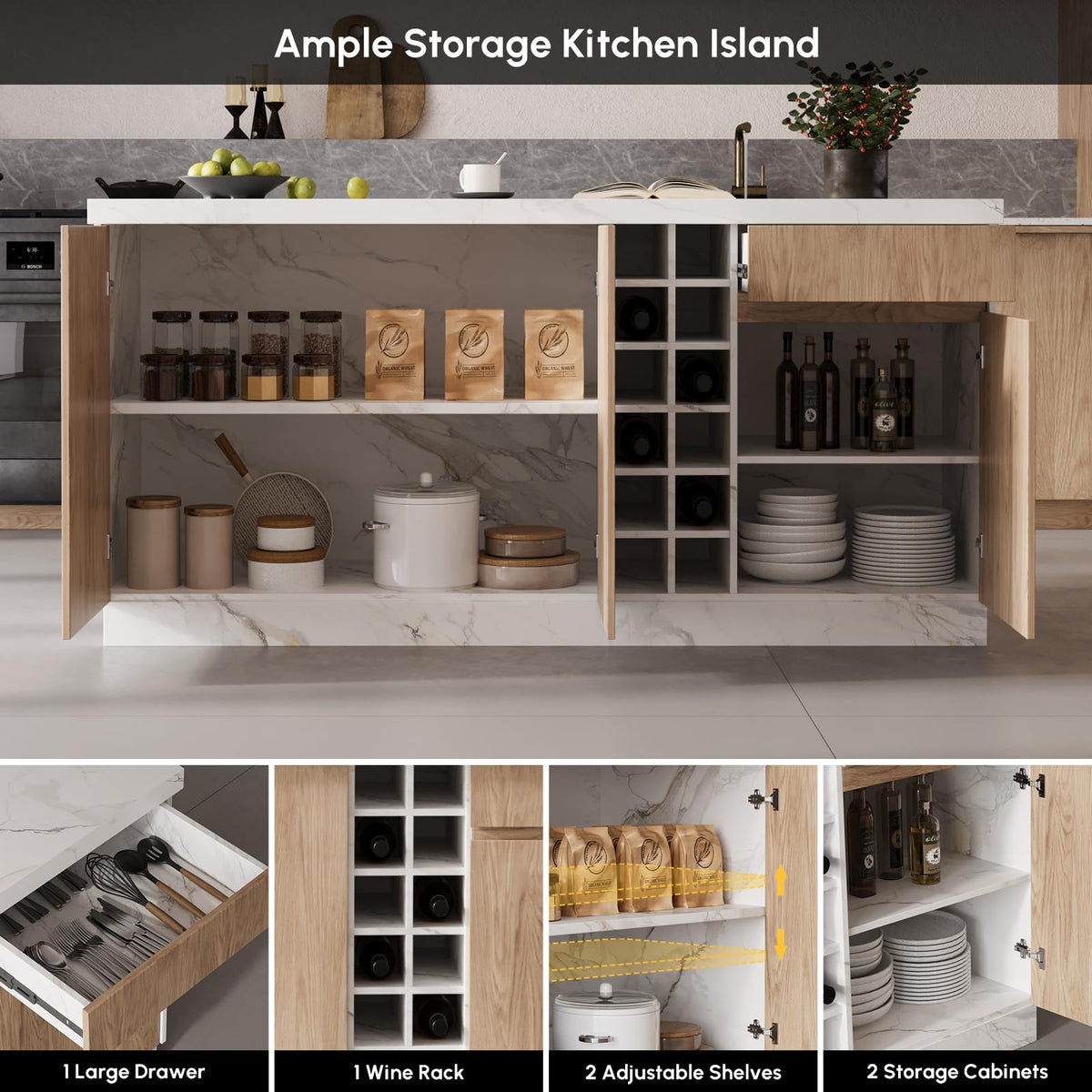 homary Kitchen Island with Storage & LED, 72" White Wood Islands with Wine Rack, Drawers & Shelves, Modern Kitchen Table for Dining Room, Prep & Gatherings, Without Chair
