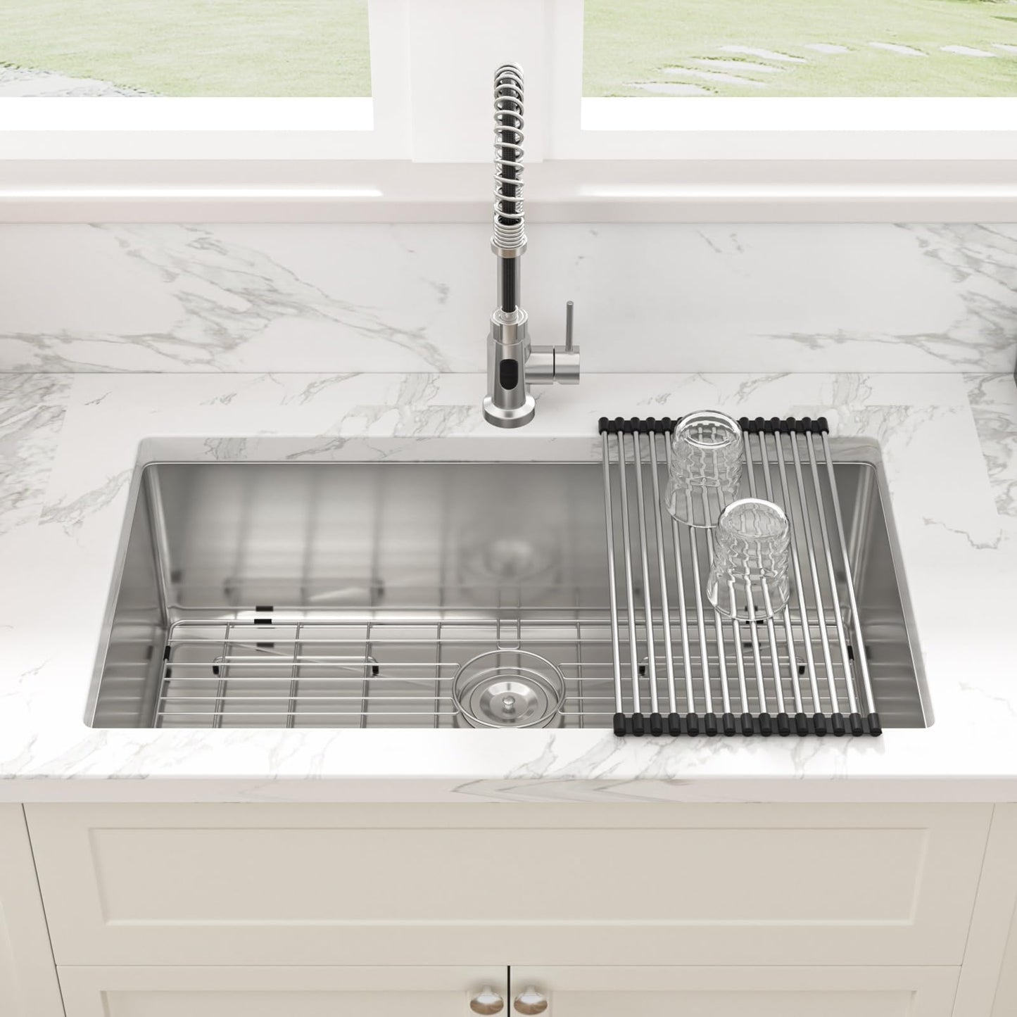 Sarlai 33 Inch Undermount Kitchen Sink - 33 x19 Kitchen Sink Undermount Single Bowl Stainless Steel 16 Gauge Under Counter Sink With Accessories Round Corners
