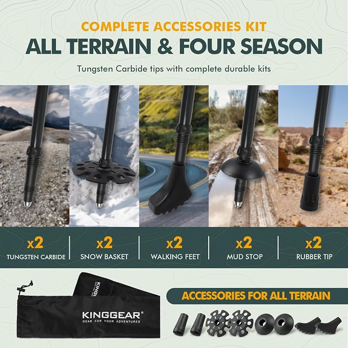KINGGEAR TPC-3K 100% Carbon Fiber Trekking Poles for Hiking - Ultralight Collapsible Hiking Poles with Cork & EVA Foam Grips, Adjustable Metal Flip Locks, Tungsten Tips - Ideal Hiking