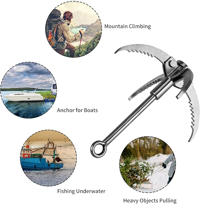 Ant Mag Grappling Hook Stainless Steel Claw Carabiner for Camping Hiking Tree Grabbing and Water Lifting Salvage