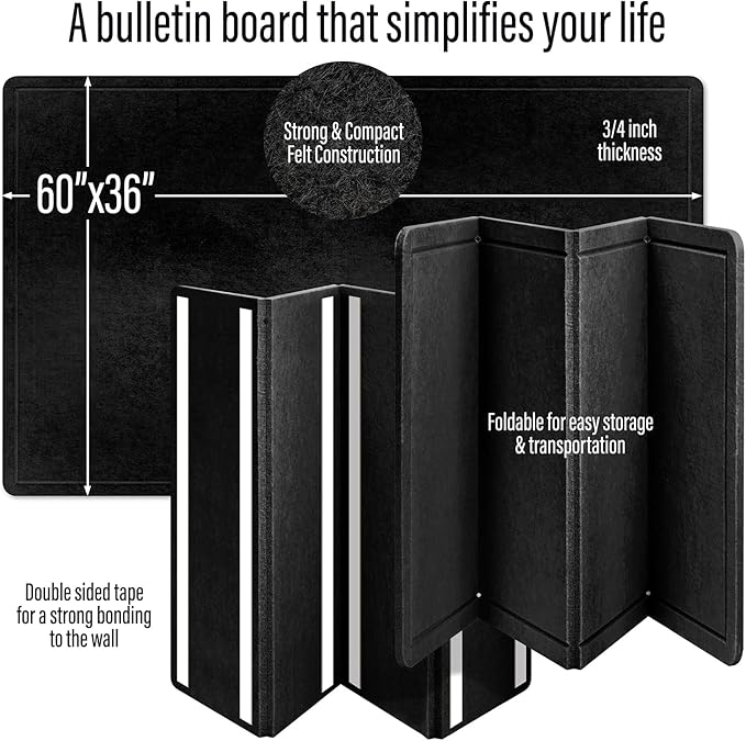 Large Bulletin Board 60 x 36 Inches - Foldable Felt Bulletin Board for Wall, Cork Board Alternative with 100 Color Pins & 12 Note Pads, Vision Board - Black