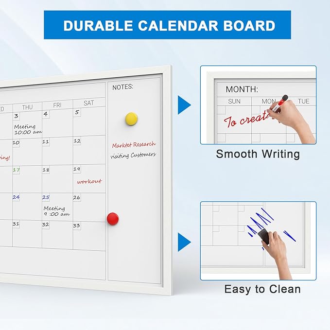 Comix Dry Erase Calendar Whiteboard for Wall,Magnetic Dry Erase White Board with White Wood Frame, 36 * 24 inches Decorative Planner Board for Office, Kitchen, School, Home