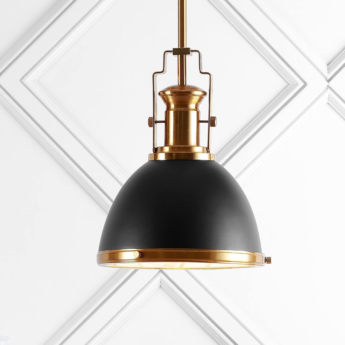 JONATHAN Y 10" Black/Brass Gold Modern Industrial Iron LED Dome Pendant Light, Adjustable Hanging Fixture for Kitchen Island or Entryway, Black Metal Shade, LED Bulb Included JYL9535A