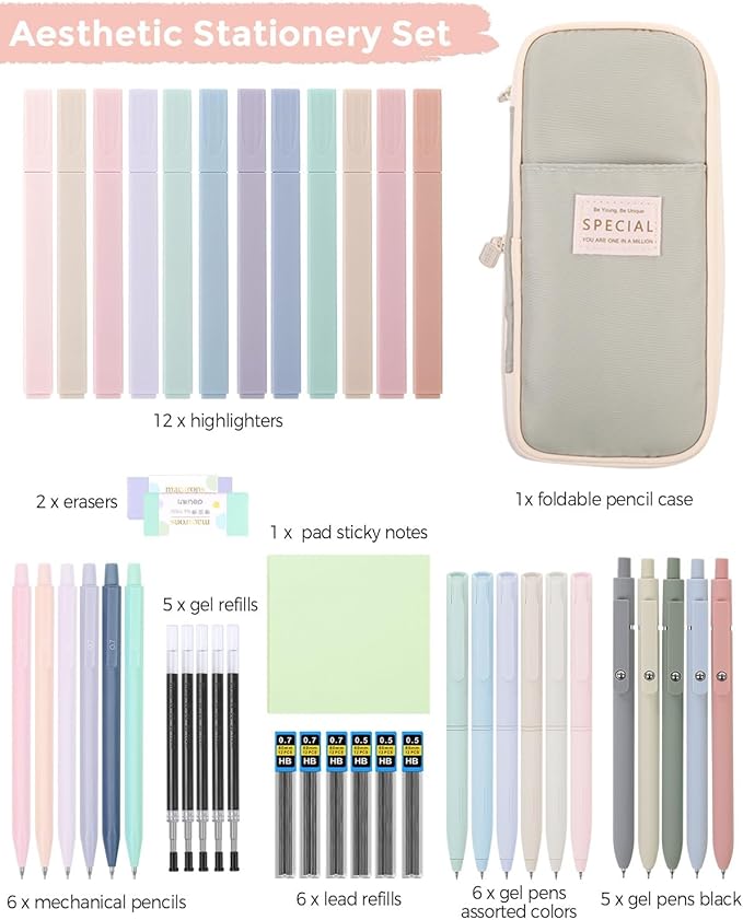 SKYDUE Cute School Supplies 44 PCS, Aesthetic Pencil Case with 12 Pastel Highlighters, 5 Black Gel Pens, 6 Color Gel Pens & Mechanical Pencils, College Essentials Students Stationary Set Green