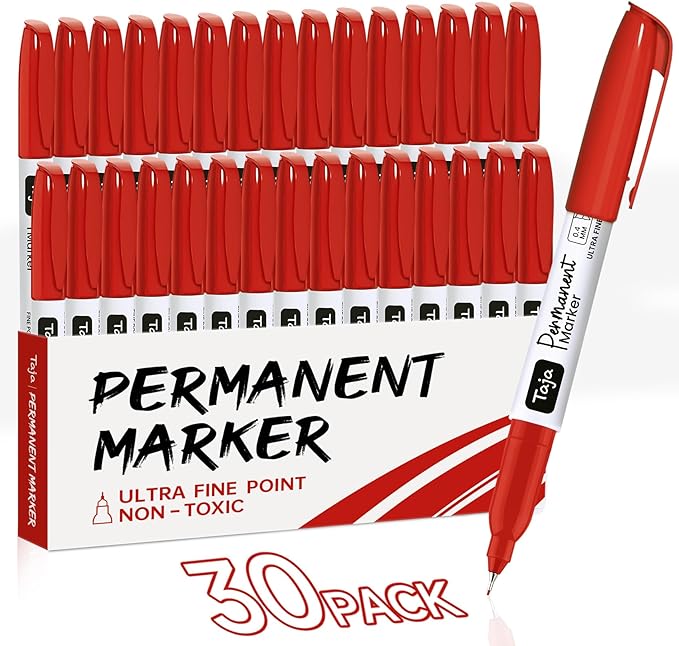 Permanent Markers Ultra Fine Tip, 30 Pack Red Quick-Drying and Fade-Resistant Permanent Markers Bulk Set for Writing and Drawing on Wood, Plastic, Metal, Glass, Ideal for Office School Supplies