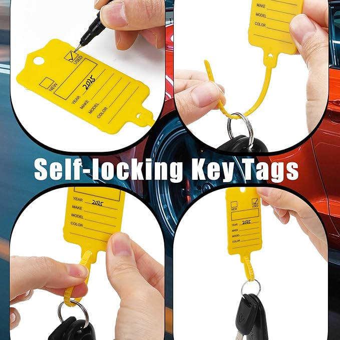 100 Car Key Tags with Labels Plastic Car Dealership Key Tags Self Locking Automotive Identifiers Blank Shop Labels with One Pen (Yellow)