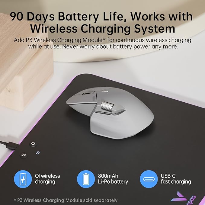 Rapoo MT760 Multi-Device Wireless Mouse, Bluetooth 5.0 and 2.4G Multi-Mode Connection, Up to 4 Devices, 11 Programmable Buttons, 4K DPI, 90 Days Battery Life, PC, Light Grey