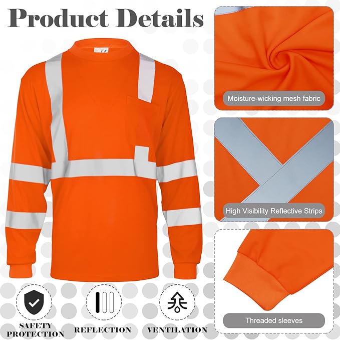 Amylove 4 Pcs Long Sleeve Safety Shirt High Visibility Reflective Construction Work Shirts for Men Women(XXL,Orange)