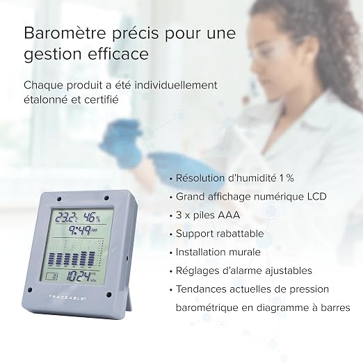 Traceable Calibrated Digital Barometer, 7.25 - 14.94 PSI, 0.1 Hg Resolution, Accuracy of 0.12" Hg