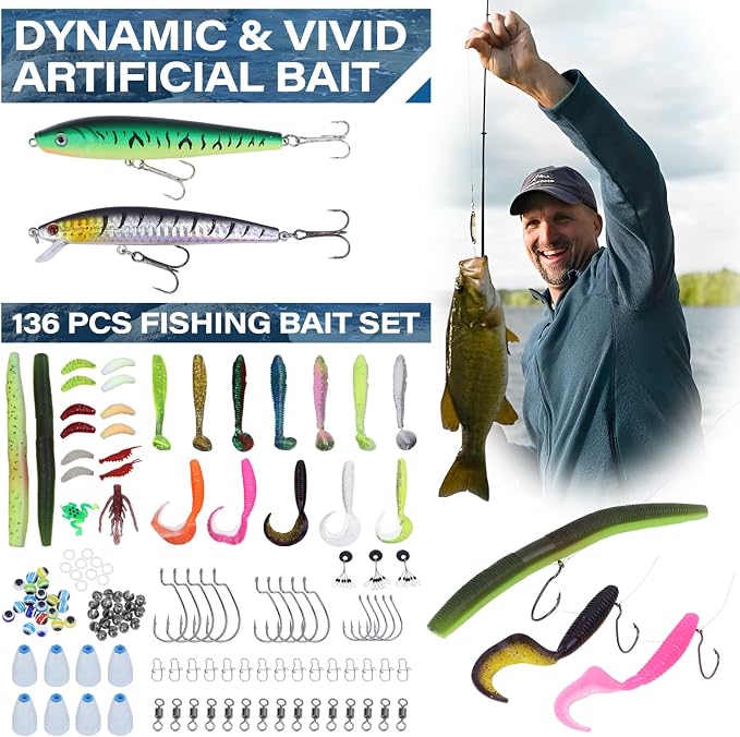 Fishing Tackle Bags with Tackle Box,Waterproof,Padded Shoulder Strap,Gear Storage,Fish Bag with 136 Pcs Fishing Lures Kit,Fish Hook Remover Tool,Fish Lip Gripper,Fishing Plier,Gifts for Men (Black)