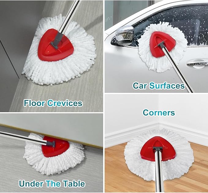 Spin Mop Head Replacement, Base, Mop Handle Compatible for O-Cedar EasyWring - Include 2 Microfiber Refills, 4-Section 30-59in Handle, 1 Cover and 1 Scrubber (1-Tank System)