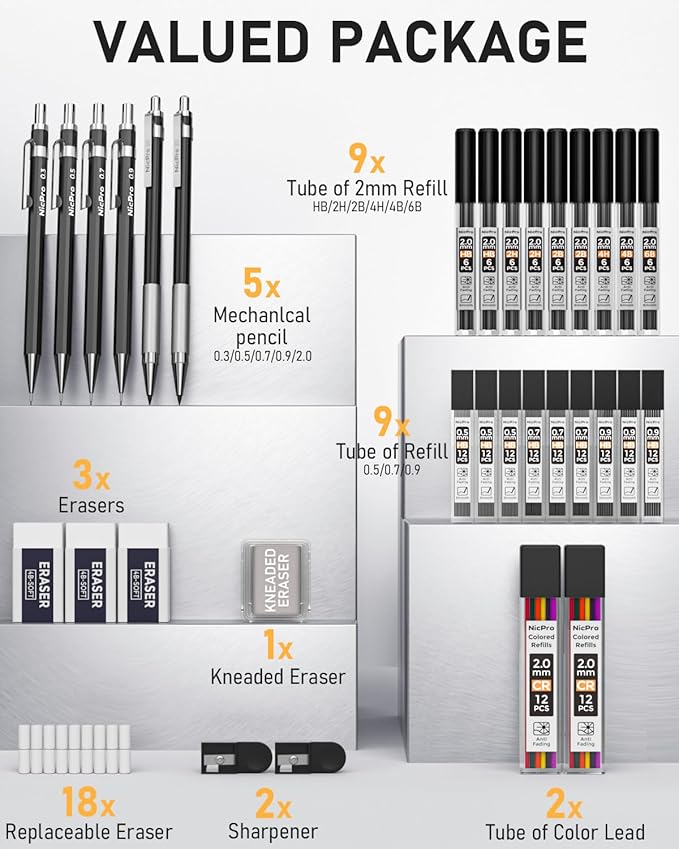 Nicpro 34PCS Black Art Mechanical Pencils Set, Metal Drafting Pencil 0.3, 0.5, 0.7, 0.9 mm & 2PCS 2mm Lead Holder (6B 4B 2B HB 2H 4H Colors) For Sketching Drawing With 19 Tube Lead Refills Case