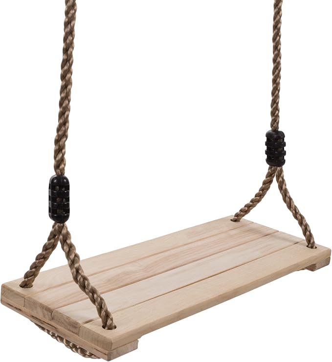 Hey! Play! Wooden Swing, Outdoor Flat Bench Seat with Adjustable Nylon Hanging Rope for Kids Playset Frame or Tree, Backyard Swinging Toy, Brown, 80-SA-062
