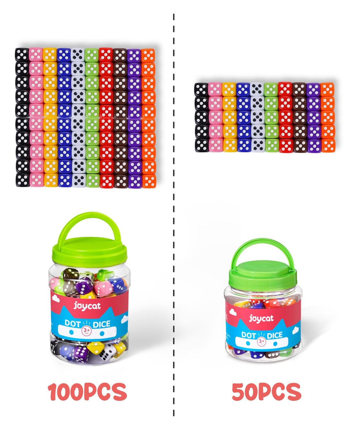 JoyCat 16mm 6 Sided Dice Set Standard Game Dice Kids for Board Games Dice Games Math Dice for Classroom with Storage Bucket (100, Opaque)