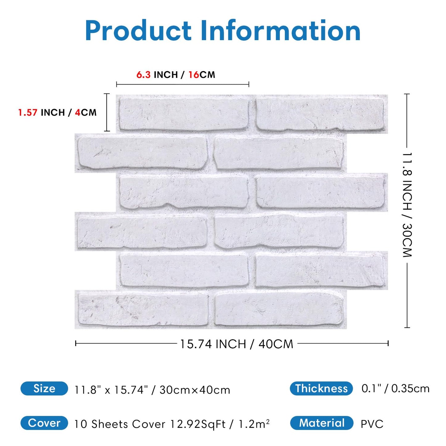 COMSTICKC 3D Faux White Brick Panels Peel and Stick Wall Covering, 10 Pcs 15.7" x 11.8", Not Real Brcik, Ultra-Light Thin PVC Fake Brick Decorative Tiles Wall Sticker for Easy DIY Interior Decor