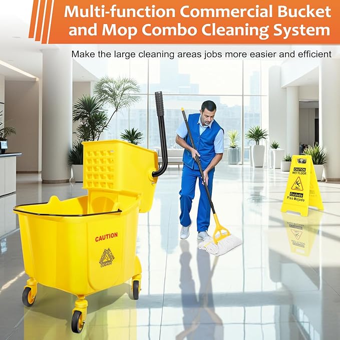 38 Qt Commercial Mop Bucket with Side Press Wringer on Wheels,Yellow Industrial Mops and Bucket Set for Floor Cleaning,Including 1 Industrial Mop and Wet Floor Caution Sign,Beyoco