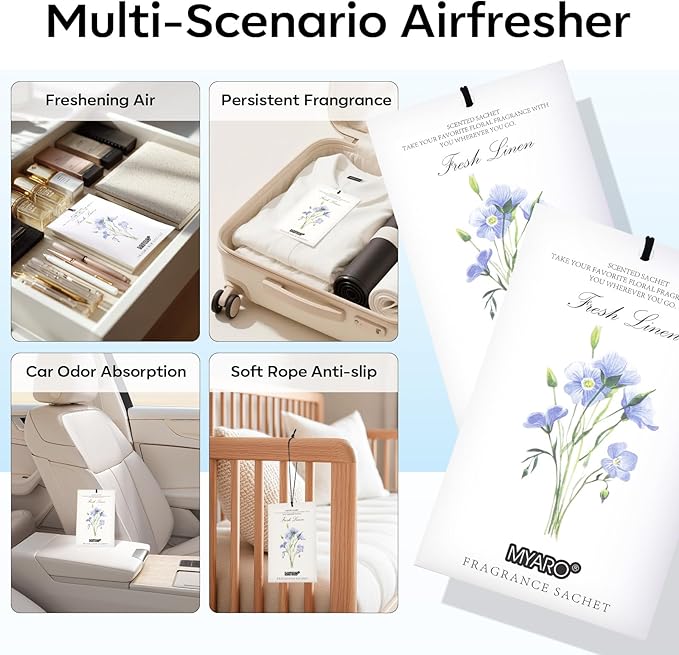 MYARO 12 Packs Linen Scented Sachets for Drawer and Closet, Long-Lasting Sachets Bags Air Freshener Fresh Scents, Potpourri Bags Home Fragrance for Lover