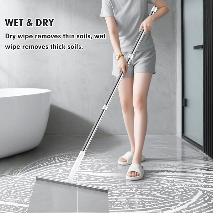 Rubber Floor Squeegee for Smooth Surface Concrete Floor, Tile Floor, Heavy Duty Garage Shower Floor Squeegee Broom for Removing Water, Commercial Scrubber Mop with Adjustable Long Handle
