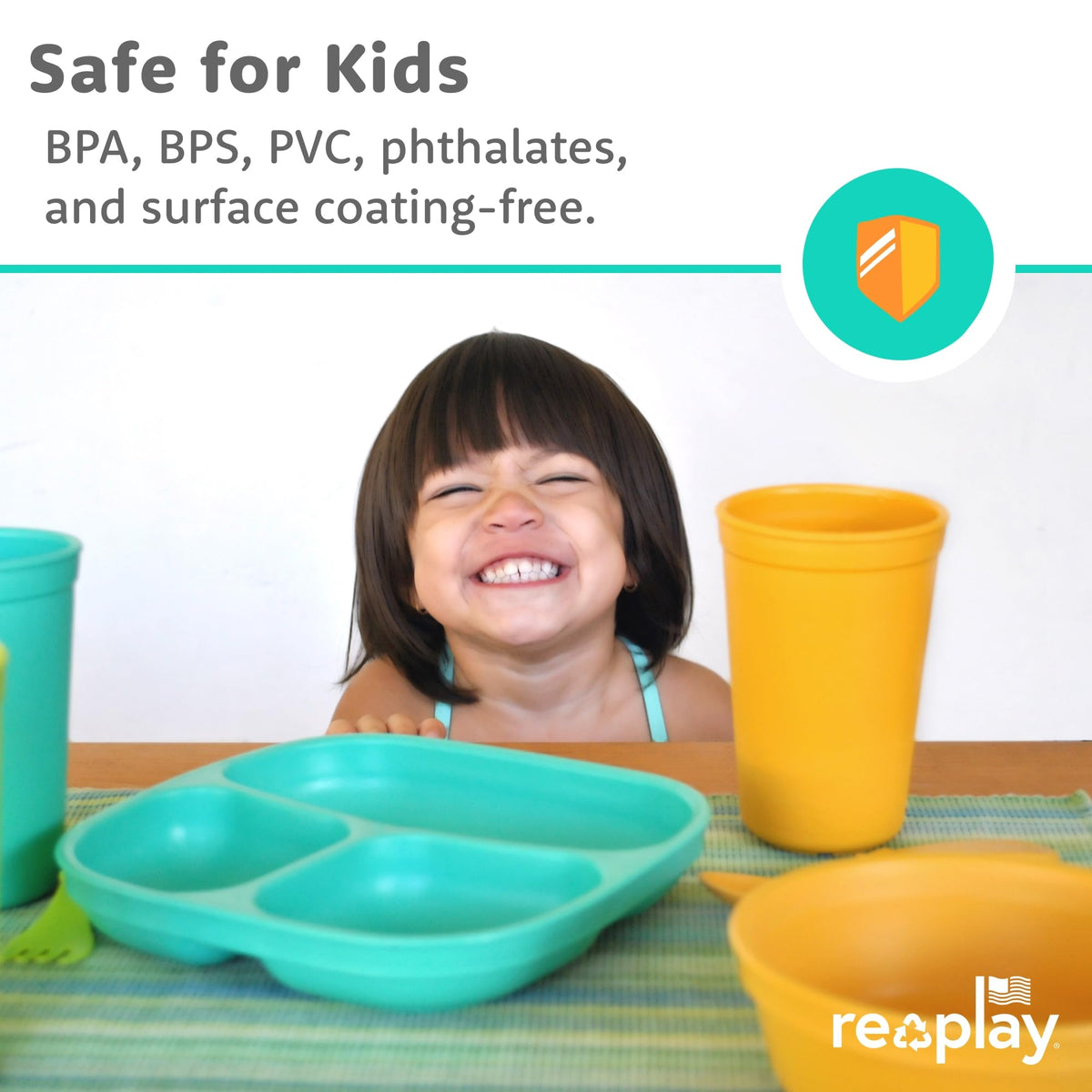 Re-Play 3 Divided Toddler Plates, 3 Utensils Set and 3 Wide Base Bowls - Dishwasher and Microwave Safe - Made in USA - Bluesy