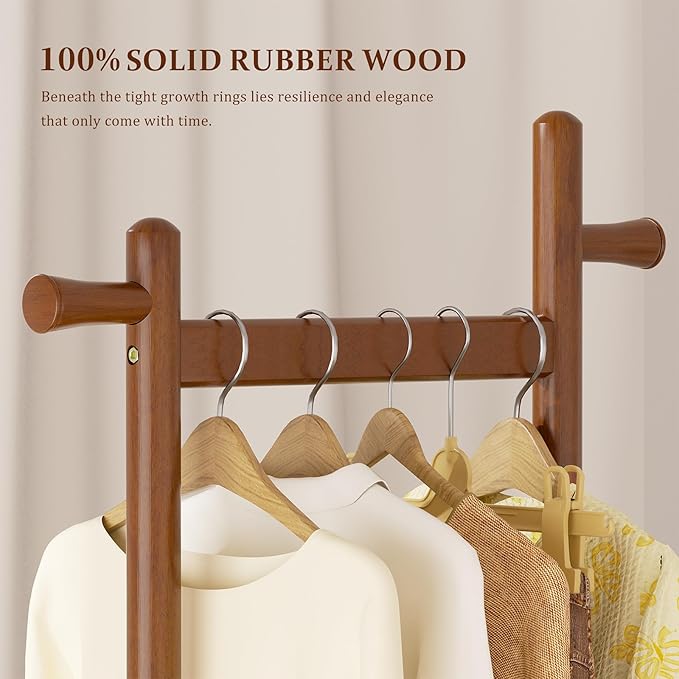 Coat Rack Freestanding Clothing Rack with Wheels & 2 Shelves Storage & 5 Hooks Heavy Duty Clothes Rack Wood Coat Tree Stand Hat Hanger Rack for Corner Bedroom Entryway Living Room Hotel