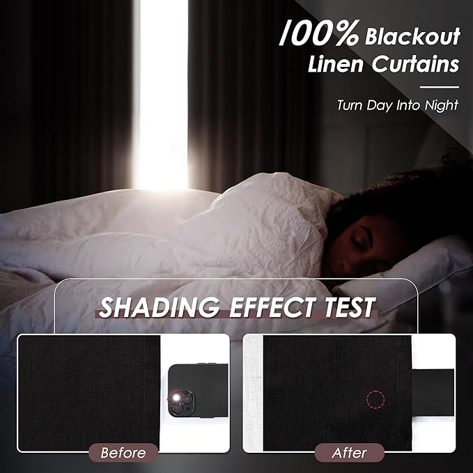 Nanspring Black 100% Blackout Curtains 63 inches Long Back Tab Rod Pocket Thermal Insulated Textured Short Blackout Curtains 2 Panels Set 52x63