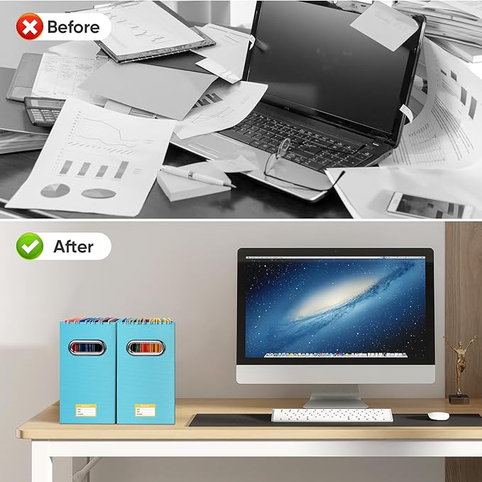 BALEINE File Organizer Box, Cardboard File Folder Organizer with Handle for Letter Size, Portable Collapsible Hanging Filing Box for Home Office Document Storage (2 Pack, Blue)