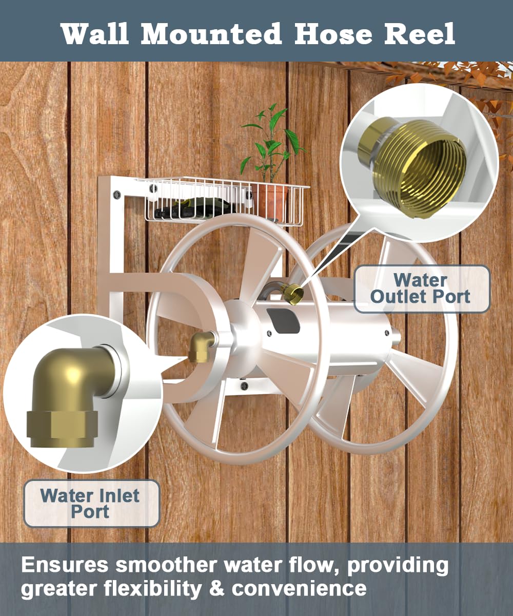 Artigarden Outdoor Garden Hose Reel Wall Mount, Heavy-Duty Water Hose Holder Winder with 3.9 ft Leader Hose, Brass Fitting and Storage Basket for Yard, Holds 125 Feet of 5/8-Inch Hose, White