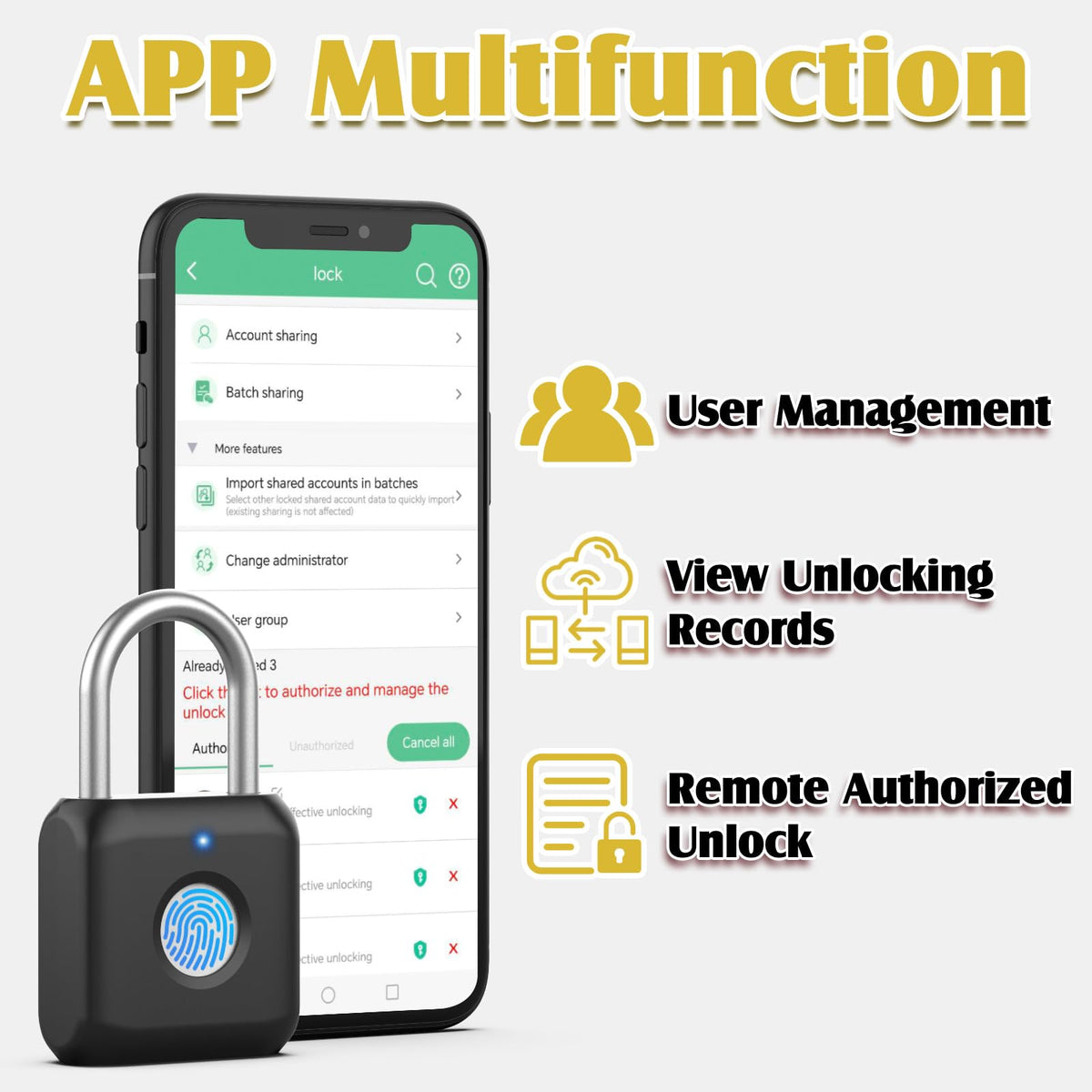 Fingerprint Padlock, Pothunder Smart Padlock, Locker Lock, Fingerprint Lock with APP Unlock, USB Rechargeable, Suitable for Gym Locker, Door(Black)