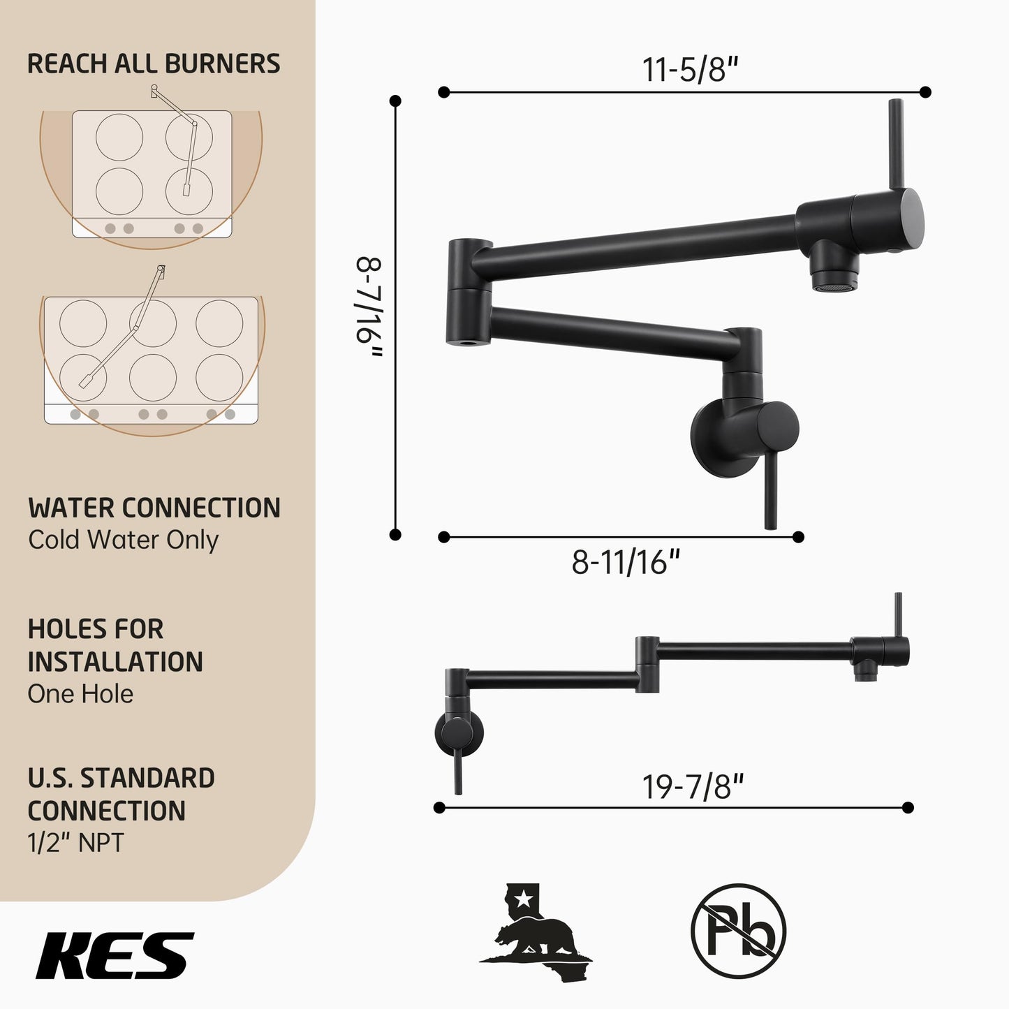 KES Pot Filler Folding Kitchen Faucet Double Joint Swing Arm Sink Faucet Articulating Wall Mount Two Handle Single Hole, Matte Black, cUPC NSF Certified Lead-Free, KN926LFF18-BK