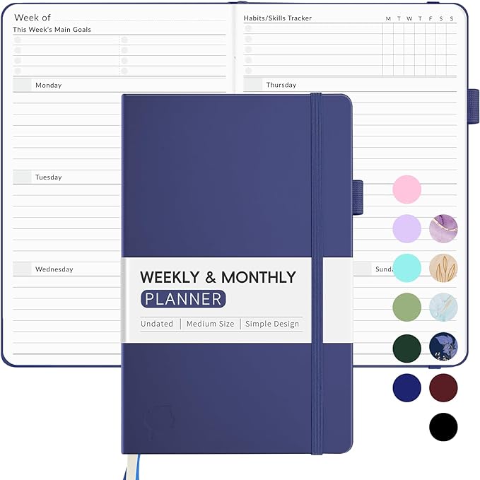 Undated Weekly Planner for 2025, Forvencer Simplified Weekly & Monthly Calendar Planner, Cute Daily Organizer Notebook, Agenda Journal to Track Goals & Tasks, Start Anytime, A5 Size, Navy Blue