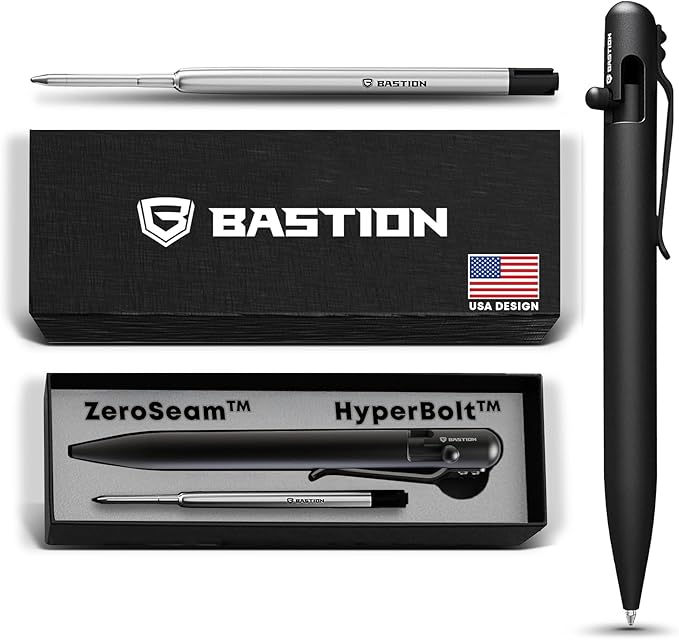 BASTION® Luxury Bolt Action Pen, Durable Professional Ballpoint Pen with Fine Tip, EDC Pen Ink Refillable Pen - Black Stainless Steel