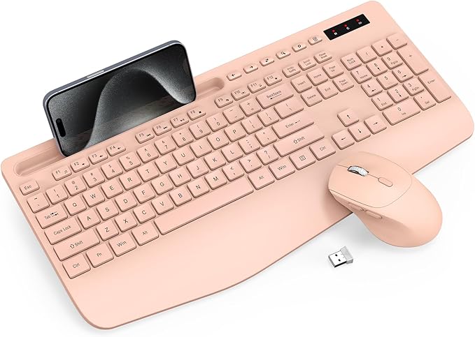 Trueque Wireless Keyboard and Mouse Combo - Full-Sized Ergonomic Keyboard with Wrist Rest, Phone Holder, Sleep Mode, Silent 2.4GHz Cordless Keyboards Mice Set for Computer, Laptop, PC, Windows (Pink)