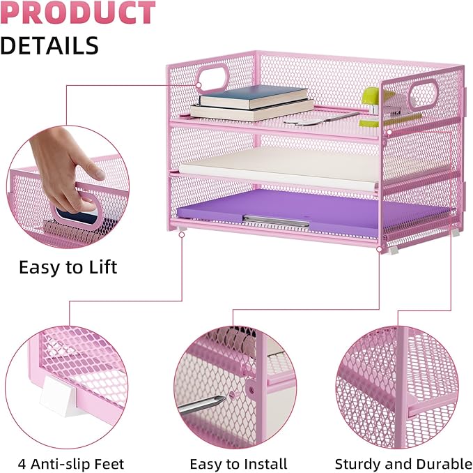 Marbrasse 3 Tier Paper Organizer Letter Tray, Mesh File Organizer with Handle, Paper Sorter Desk Organizer for Home Office Supplies(Pink)