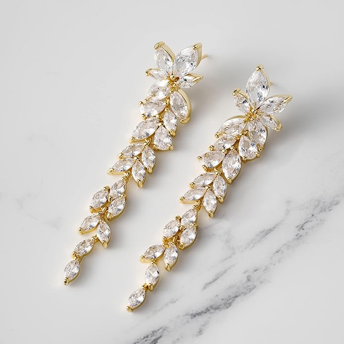 SWEETV Marquise Cubic Zirconia Wedding Earrings for Women Brides, Crystal Chandelier Bridal Drop Earrings for Prom Pageant