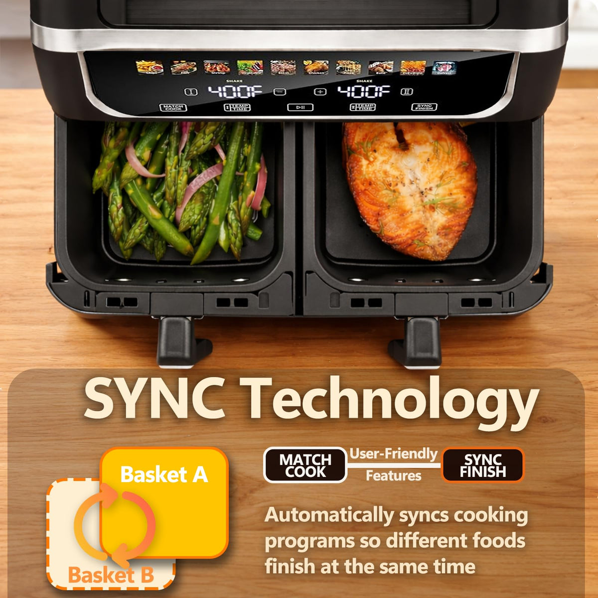 Simple Deluxe 9.5-Qt Dual Basket Air Fryer, 10-in-1 Digital Preset 1700W Airfryer, Sync Cook, Independent Temp Control, Shake Reminder, Nonstick Basket, Black