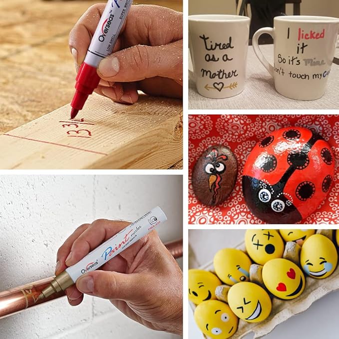 Overseas Permanent Paint Markers Pens - 3 Pack White Oil Based Paint Pens, Medium Tip, Quick Drying and Waterproof Marker Pen for Metal, Rock, Wood, Fabric, Plastic, Canvas, Mugs, Stone, Glass