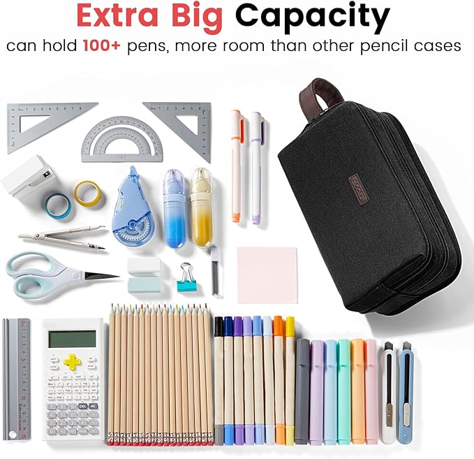 Sooez Large Pencil Case Pouch, Extra Big Pencil Pouch Pencil Bag with PU Handle & Zipper, Sturdy Pen Case with 3 Compartments, Aesthetic School College Supplies Organizer for Men Women Boys, Blue