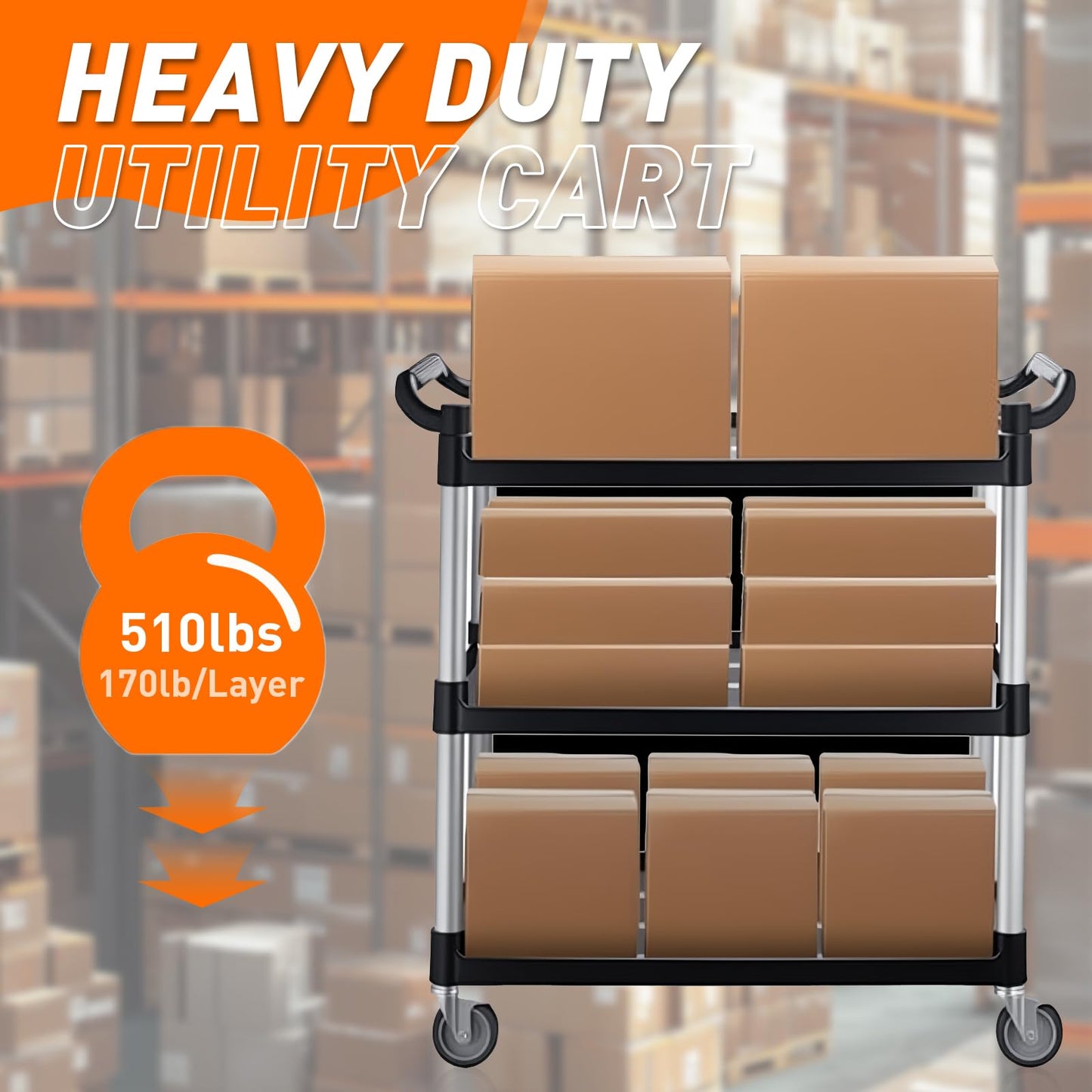 3-Tier Heavy-Duty Metal Service Utility Carts,Storage Mobile Kitchen Cart with Handle & Lockable Wheels,Portable Rolling Cart for Home Hotel Restaurant Garage Kitchen Office Organization