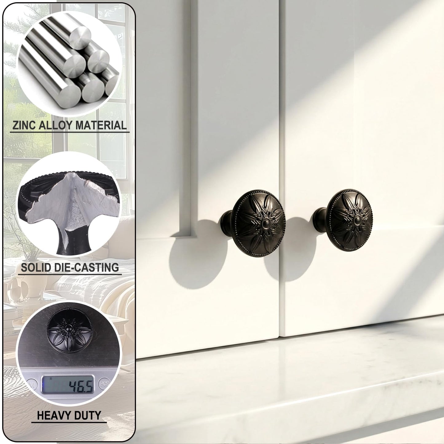 4 Pack - Black Cabinet Knobs Round, 1-2/5” Knobs for Cabinets and Drawers Black Matte Drawer Pulls Bathroom Cabinet Handles