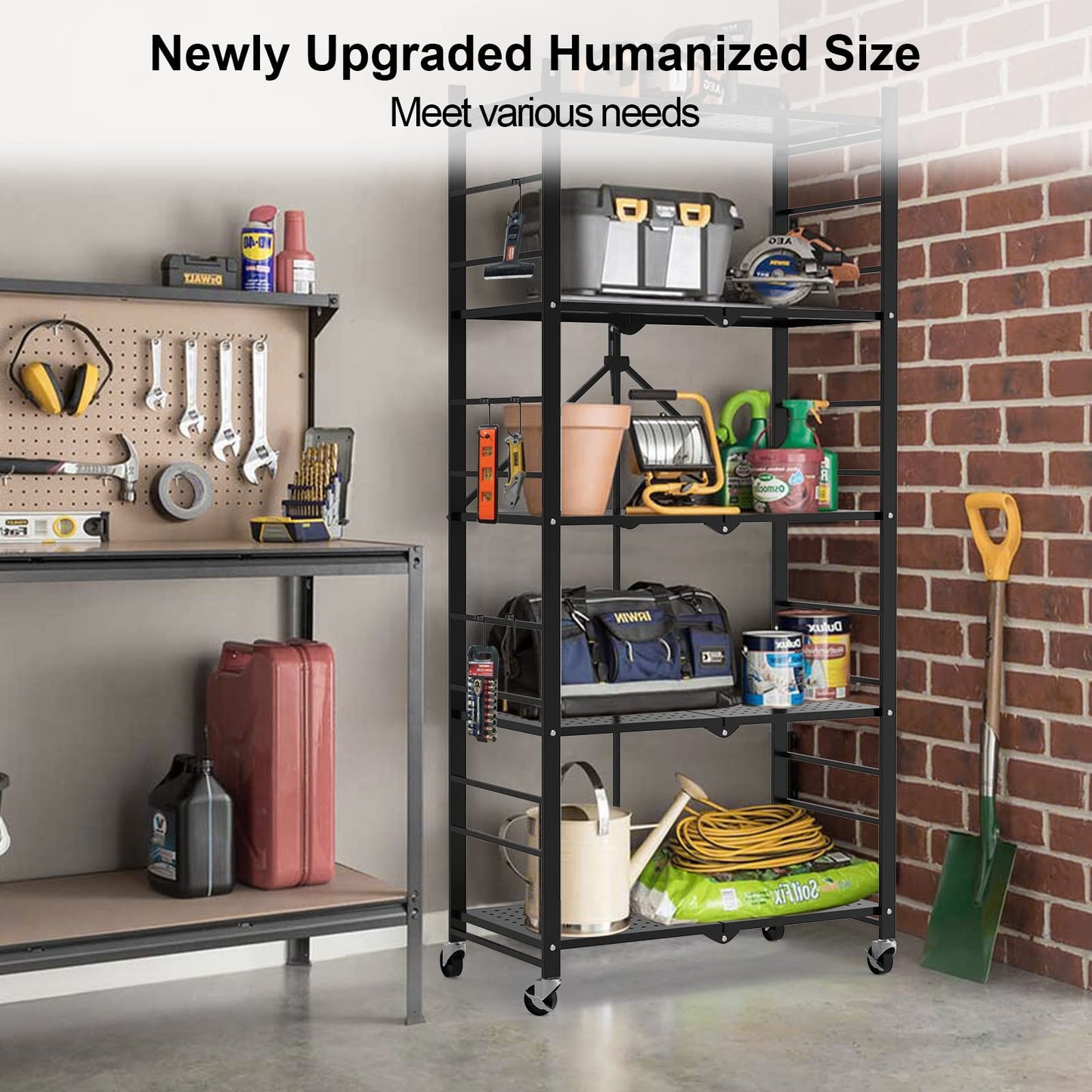 Himix Storage Shelves with 20 Hooks, 5-Tier Collapsible Organization Storage Rack Bookshelf Folding Pantry Shelves Cube Shelf Wire Shelving Holds 440 Ibs for Garage Kitchen Room, Black