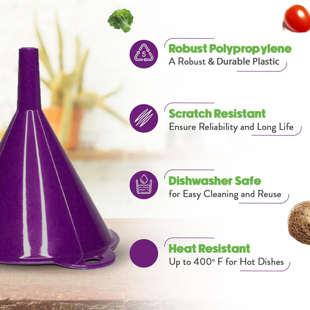 Crisp 2-Piece Funnel Set - All Purpose Funnels for Kitchen Use Filling Bottles - Durable & Dishwasher Safe Kitchen Funnel Set - Made in The USA - Purple